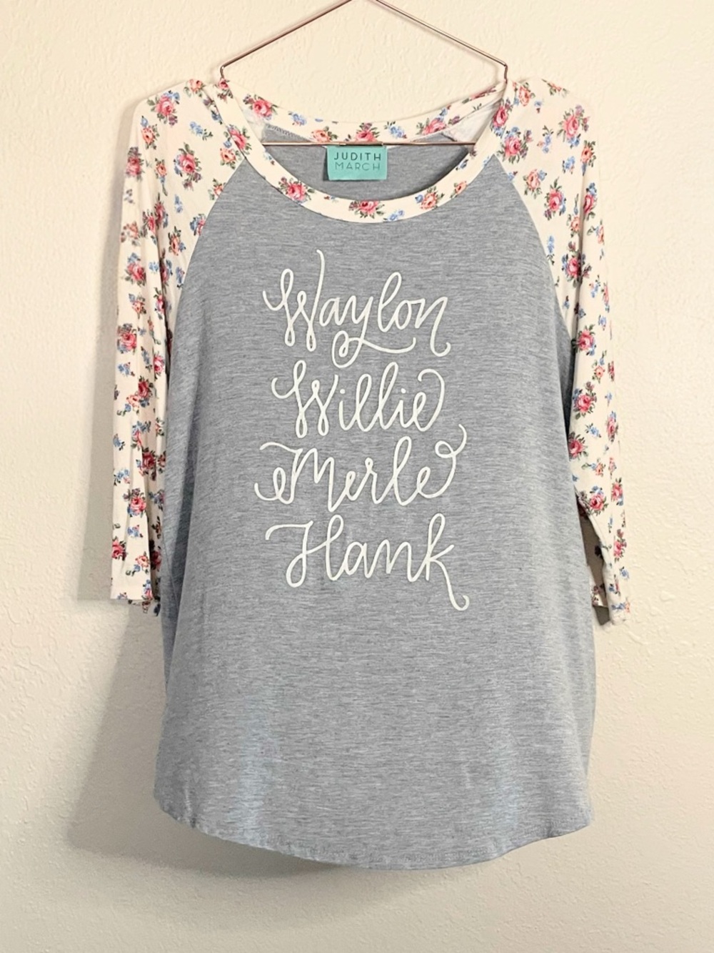 Judith March Waylon Willie Merle Hank Floral Raglan Tee Large